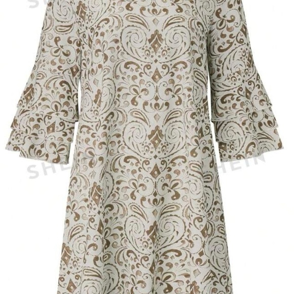 NWOT Shein Boho Khaki V-neck Flare Sleeve Dress, Large - Picture 2 of 8